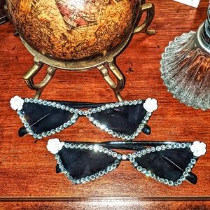 2 Pairs Crystal Rimmed Black Sunglasses Bedazzled Novelty Festival Party Shades